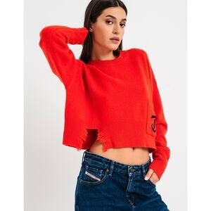 EUC Diesel Red Cropped Wool Cashmere Sweater Distressed Hem Logo Pocket Sz Small